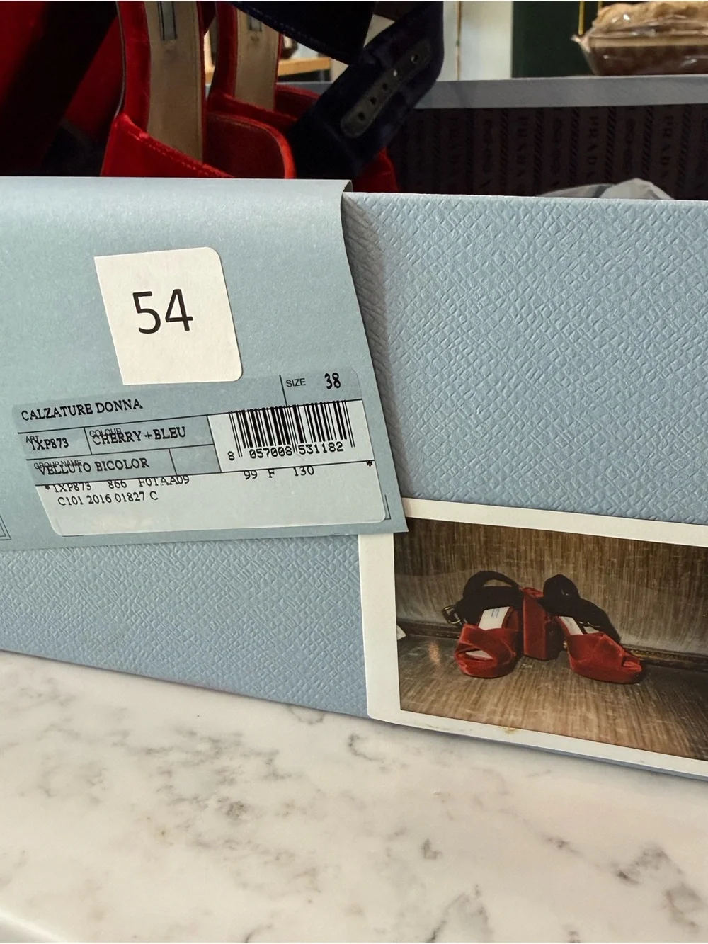 Prada Red Velvet Platform Sandal with Navy Ankle Strap - Picture 5 of 11